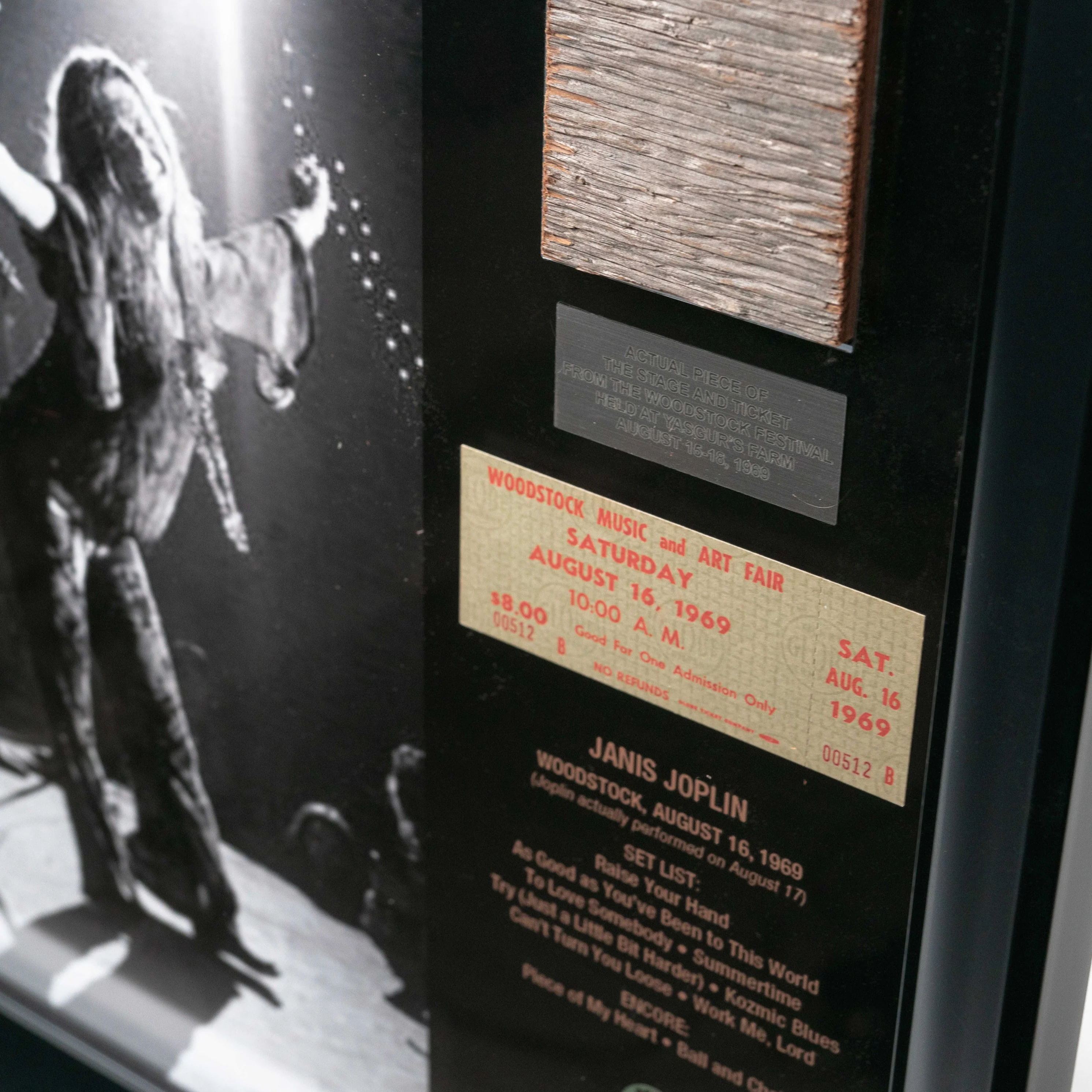 Janis Joplin Frame with Piece of 1969 Woodstock Stage and Original Ticket - Image 2
