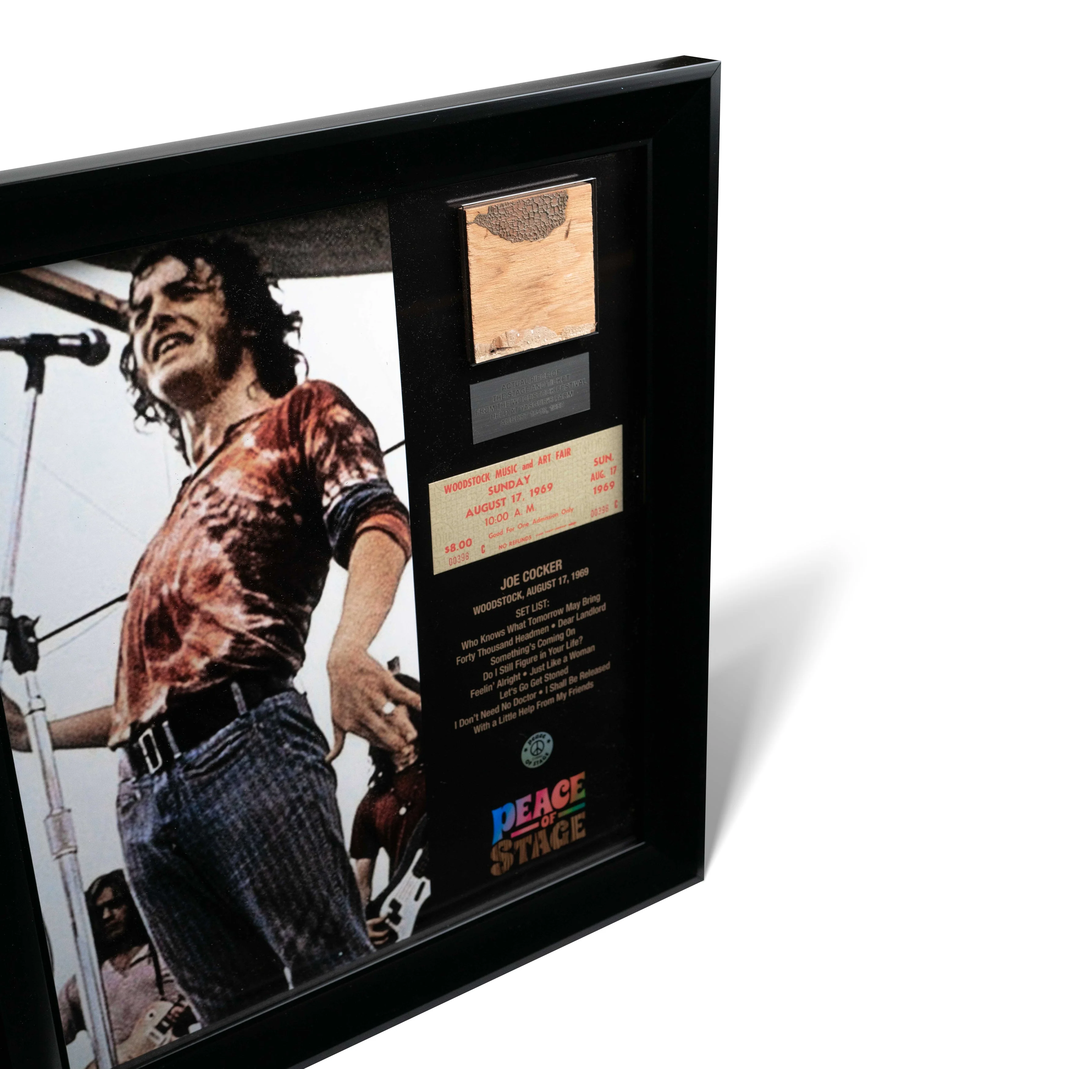 Joe Cocker Frame with Piece of 1969 Woodstock Stage and Original Ticket - Image 2