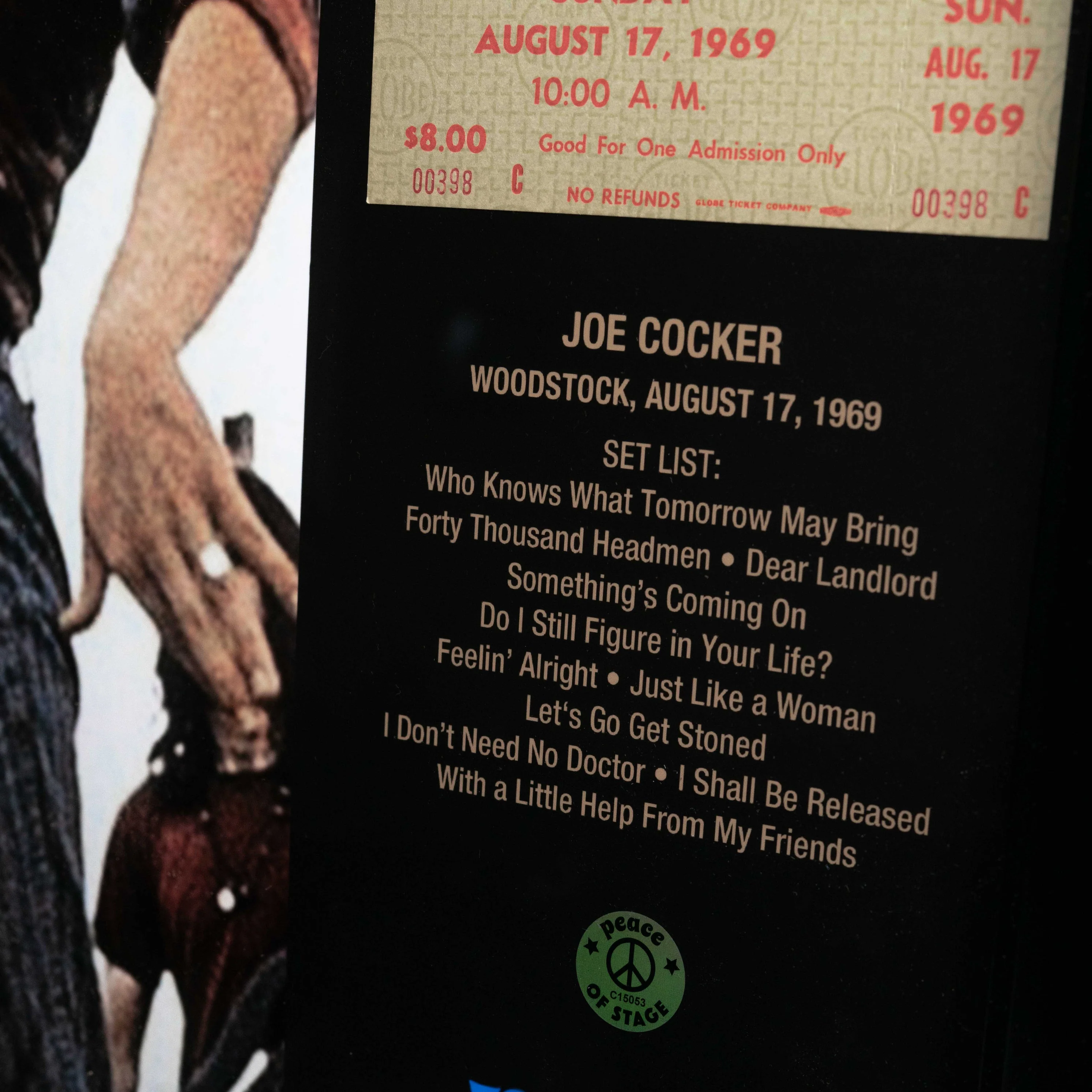 Joe Cocker Frame with Piece of 1969 Woodstock Stage and Original Ticket - Image 3